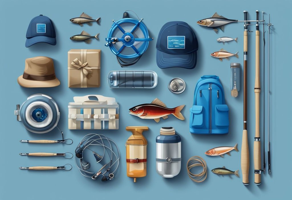 Modern digital painting of fishing gear in blue theme with rods, reels, lures, hats, and a ribbon-wrapped gift box centerpiece.