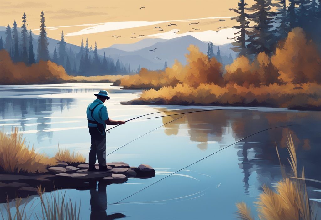 Modern digital painting of a fly fisherman casting a rod in a serene blue-themed riverside scene at a top US fly fishing destination.