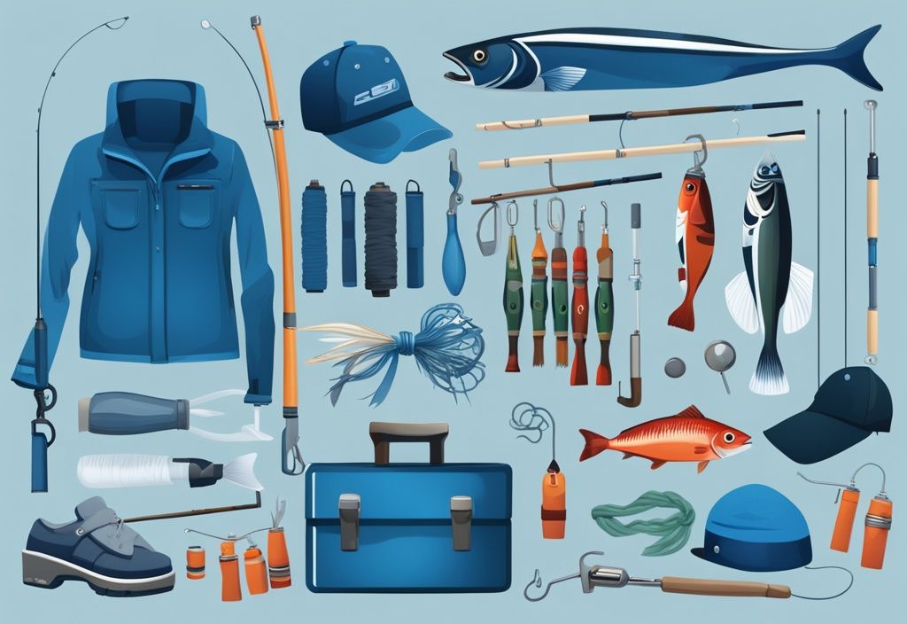 Modern digital painting of fishing gear with blue theme, featuring rods, reels, lures, hats, and a gift box in the center.