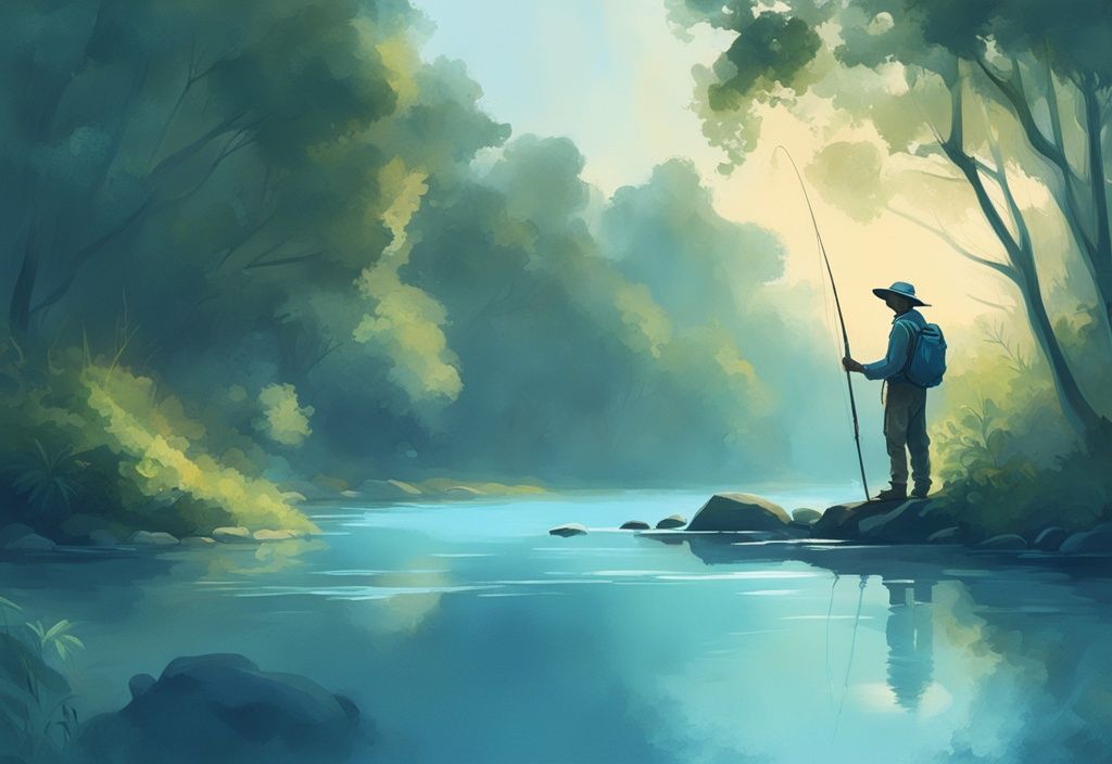 Modern digital painting of a fisherman fly fishing in a crystal clear river, surrounded by lush greenery in early morning light, illustrating the best fly fishing in US.