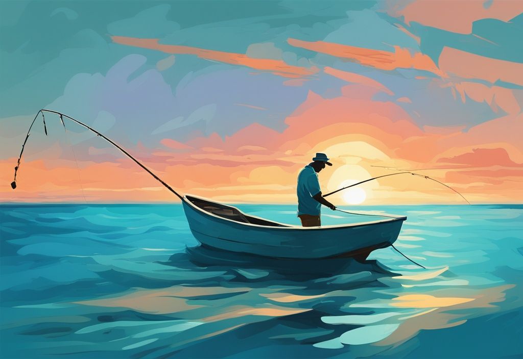 Digital painting of a fisherman on a boat in turquoise waters at Anna Maria Island during sunset, blue color theme.