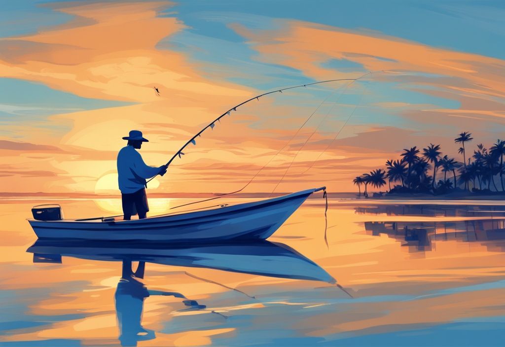 Modern digital painting of a fisherman on Anna Maria Island, casting his line from a boat against a golden sunset backdrop, highlighting Anna Maria Island fishing in serene blue tones.