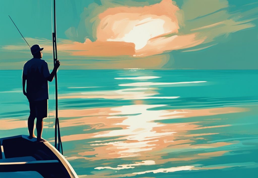 Digital painting of a fisherman on a boat at sunset, casting a line into turquoise waters near Anna Maria Island, with a blue color theme.