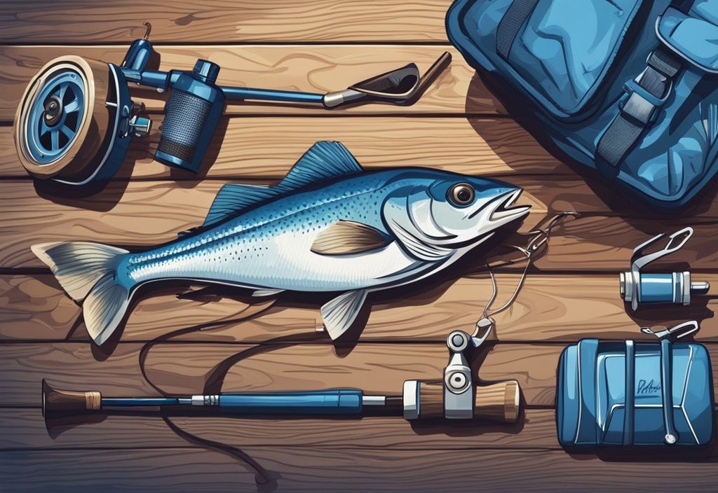 Modern digital painting of top-rated fishing gear on a rustic wooden table, showcasing the best fishing gifts with blue-themed rods, reels, tackle boxes, and accessories.