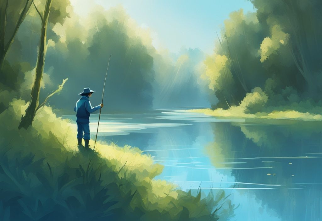 Modern digital painting of a fisherman in a clear river, lush greenery, early morning light, best fly fishing in US.