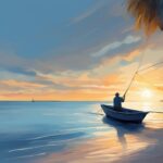 Modern digital painting of a fisherman casting from a boat at Anna Maria Island, with a blue color theme and a golden sunset backdrop, capturing Anna Maria Island fishing.