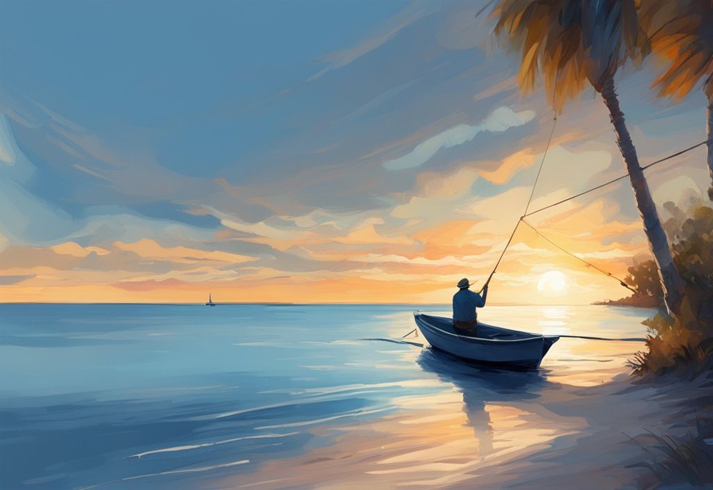 Modern digital painting of a fisherman casting from a boat at Anna Maria Island, with a blue color theme and a golden sunset backdrop, capturing Anna Maria Island fishing.