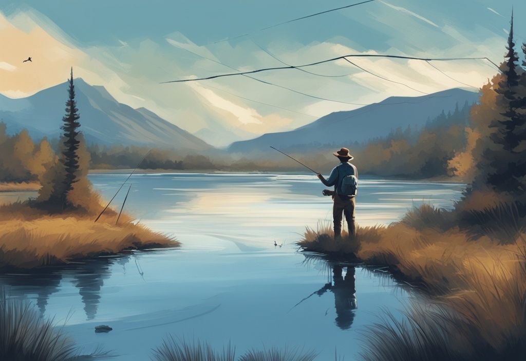 Modern digital painting of a fisherman fly fishing in a serene riverside scene, blue-themed landscape, top US fly fishing destination.