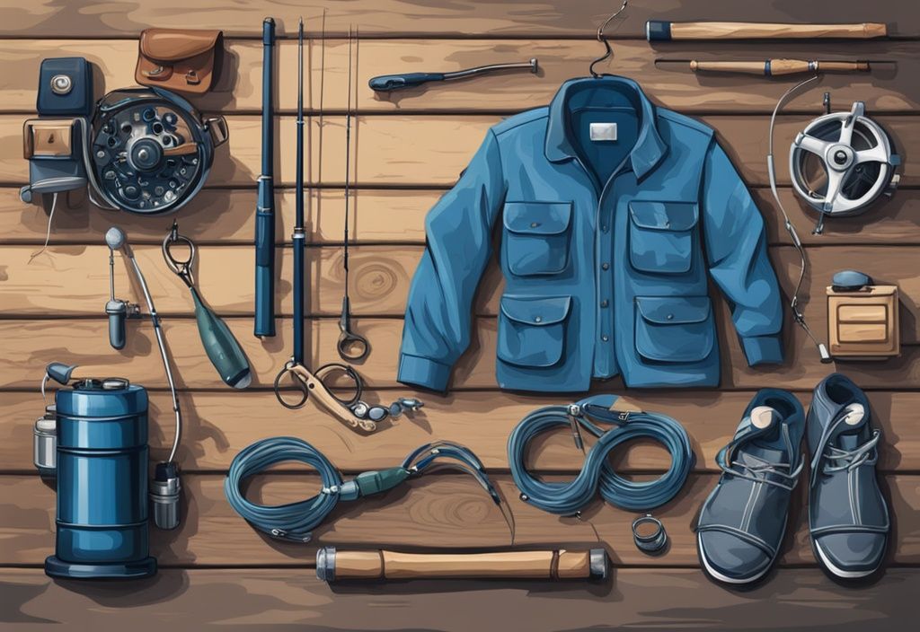 Modern digital painting of top-rated fishing gear, including rods, reels, tackle boxes, and accessories on a rustic wooden table, showcasing the best fishing gifts in a blue color theme.